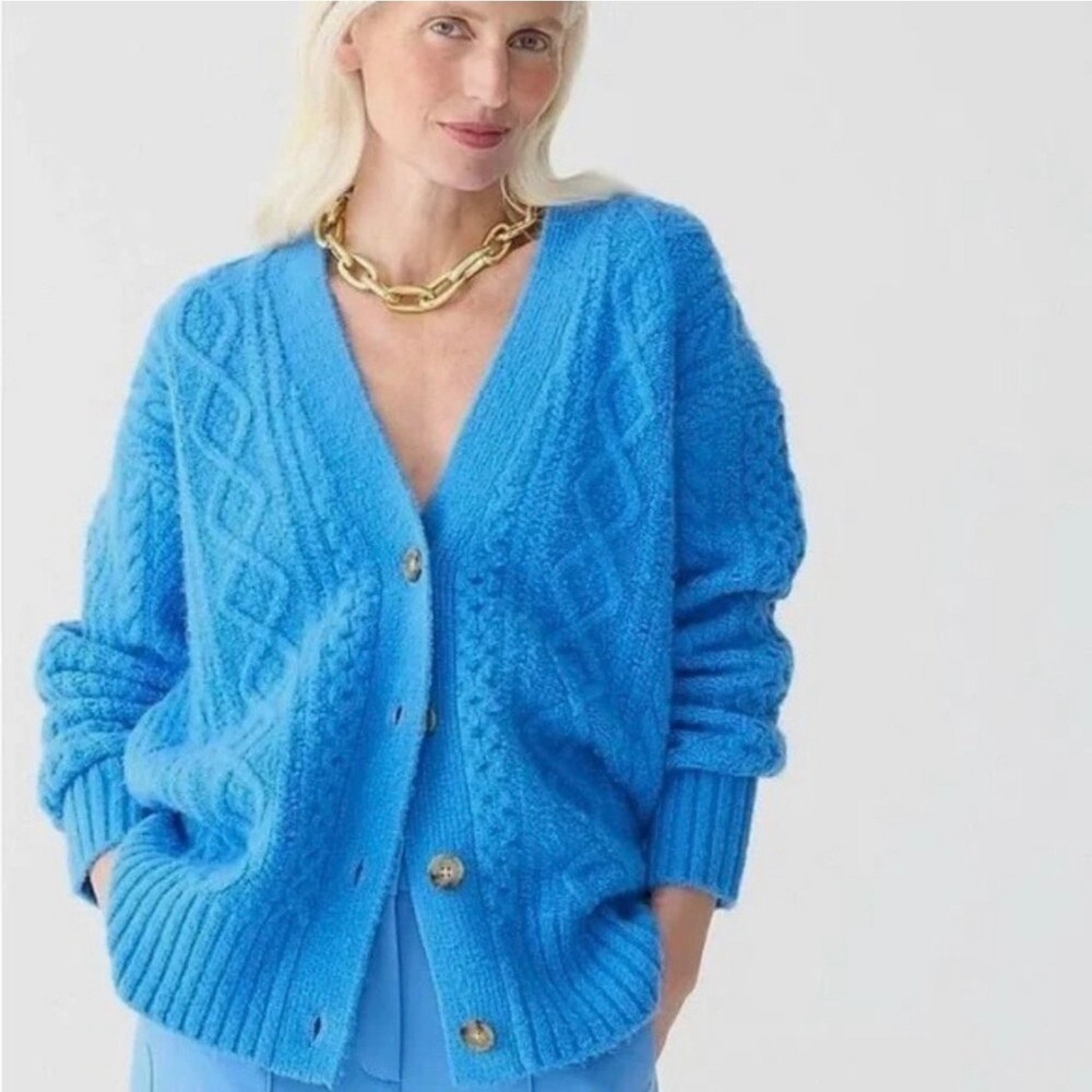 J. Crew Oversized chunky cable knit cardigan blue alpaca M preppy fisherman